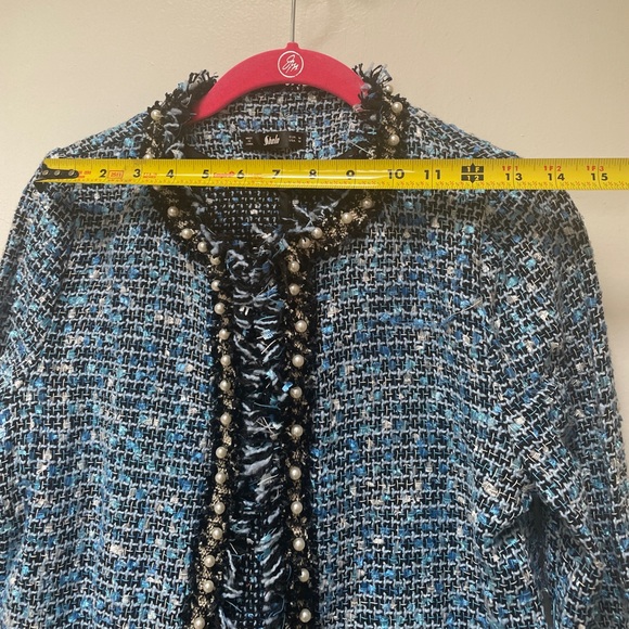 SHEIN Blue Tweed Pearl-Trim Cropped Jacket - Picture 8 of 9